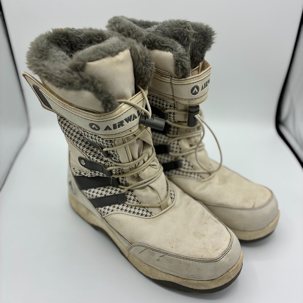 Airwalk Winter Snow Boots Womens 8.5 White Houndstooth Faux Fur Lined